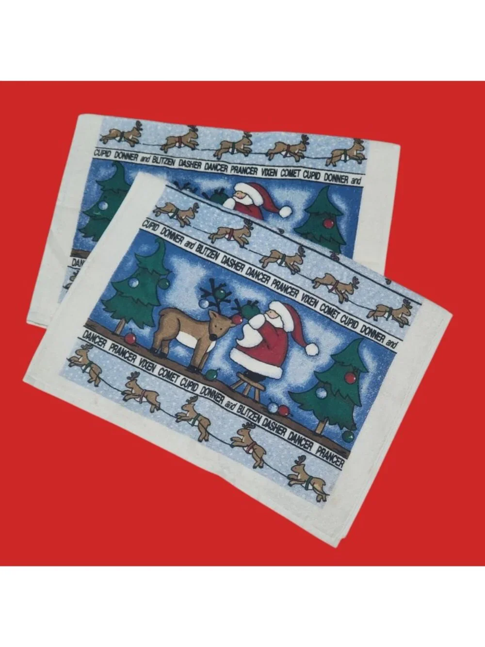 Vintage Christmas Kitchen Hand Towels Set of 2 Santa Reindeer Names Border Cotto